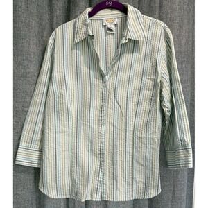 Talbots Women's Button Front Shirt SZ Large 3/4 Sleeve Striped Collared V Neck